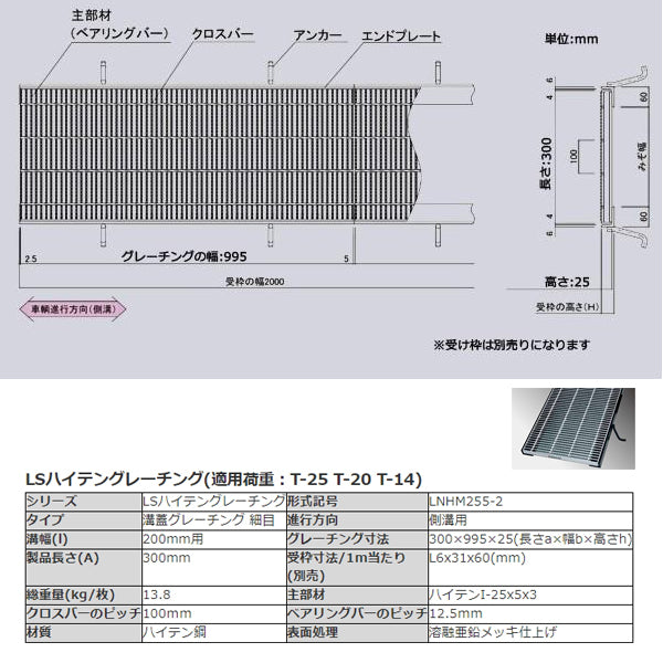 一般側溝用 みぞぶた グレーチング ハイテン鋼製 普通目 歩道用 T2 T6 T14 対応溝幅 200 250 300 350 400 450 500